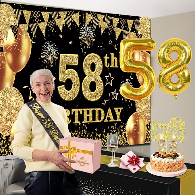 58th Birthday Decorations Men Women with 58th Birthday Banner, Black and Gold Table Cloth, Number Balloons, Large Sash, Cake Topper and Candles