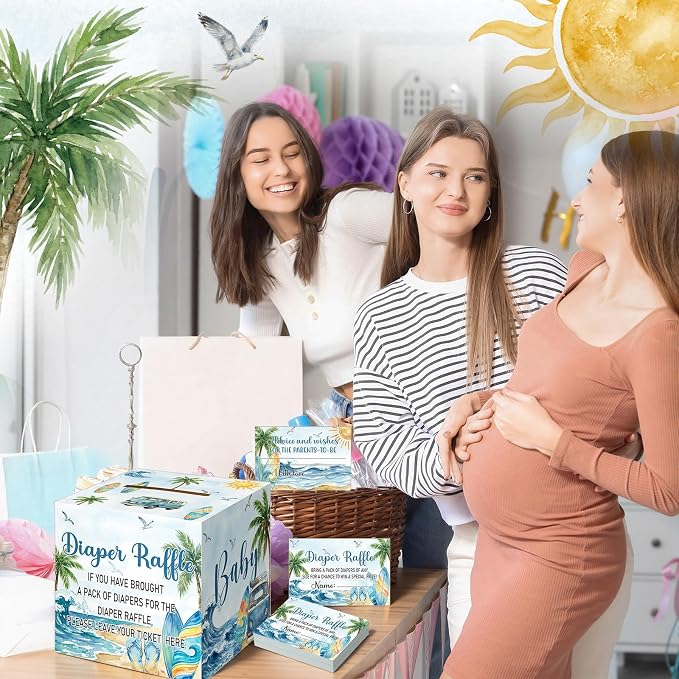 Teling 51 Pieces Diaper Raffle Tickets with Card Box Baby Shower Decorations Gender Reveal Holder Box for Girl Boy Diaper Raffle Party(Surf, Baby on Board)
