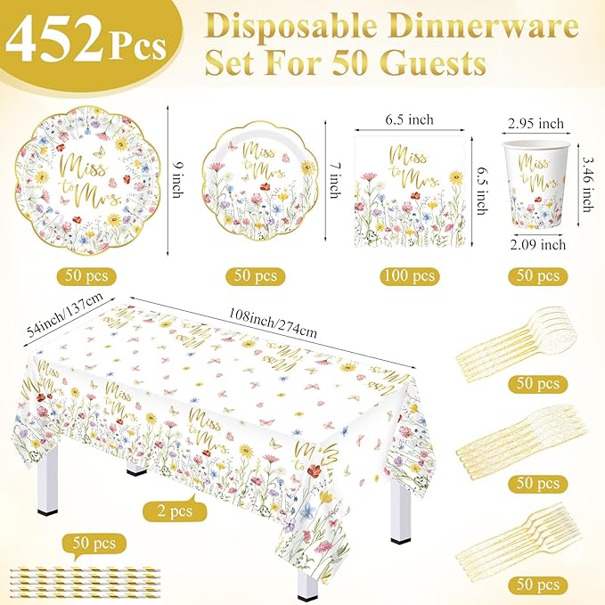 Funnymoom 452 Pcs Wildflower Bridal Shower Party Decorations for 50, Miss to Mrs Bridal Shower Paper Plates Napkins Cups Tablecloth Cutlery Straws for Love in Bloom Wedding Bachelorette Party Supplies
