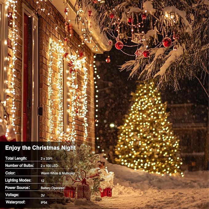 2 Pack Christmas Color Changing String Lights Battery 33 Ft 100 LED | Green Wire,Remote Control, Timer, 12 Lighting Modes,Waterproof,Fairy Lights for Bedroom Wreath Christmas Decor