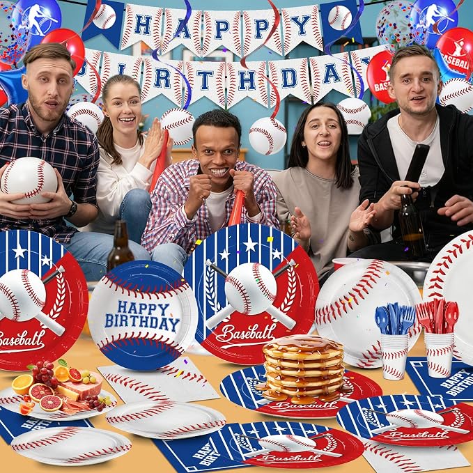223pcs Baseball Plates Napkins Birthday Party Supplies Tableware Set Include Plates, Napkins, Cups, Cutlery, Balloons, Banner, Hanging Swirls, Tablecloths for Baseball Party Decorations Serve 24
