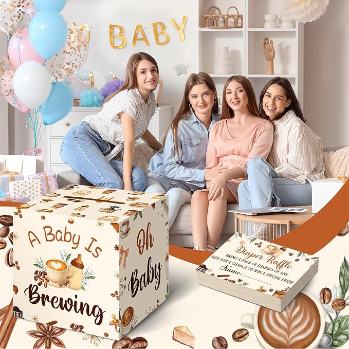 Teling 51 Pieces Coffee Beans Diaper Raffle Tickets Box with Card Baby Shower Decorations Gender Reveal Holder Box for Girl Boy Diaper Raffle Party