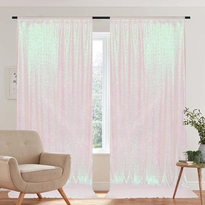 PartyDelight Iridescent White Sequin Backdrop 5x10ft 2 Panels | Iridescent white 3mm sequins show pink and purple tones under light on mesh backing for photos arches stages and party walls