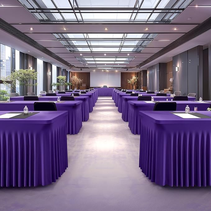 2 Packs Purple Spandex Table Covers 8 Foot, Fitted Stretch Table Cloth with Skirts 96x30 Inch, Wrinkle-Free Floor Length Rectangle Tablecloths for Trade Show Weddings Parties Banquets Events