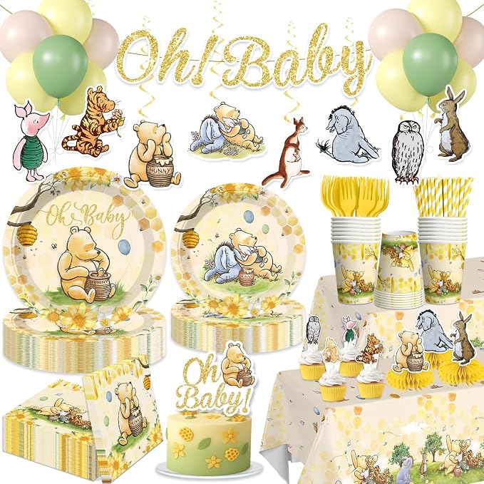 Xynic 201pcs Bear Baby Shower Decorations, Complete Disposable Tableware Set Includes 300gsm Plates Cupcake Toppers and 2 Plastic Tablecloths for Baby Shower and Party, Serves 25