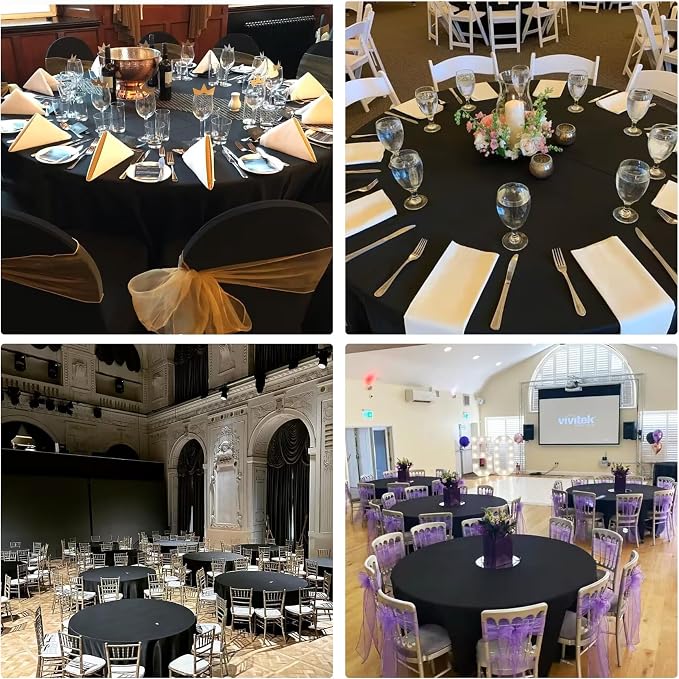 4 Pack Round Tablecloth 70 Inch Black Polyester Washable Decorative Fabric Table Covers for Wedding Dining Table Buffet Parties Banquet Decor