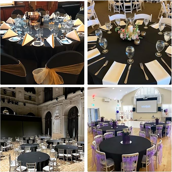 4 Pack Round Tablecloth 90 Inch Black Polyester Washable Fabric Table Covers for Wedding Dining Table Buffet Parties Banquet Decor