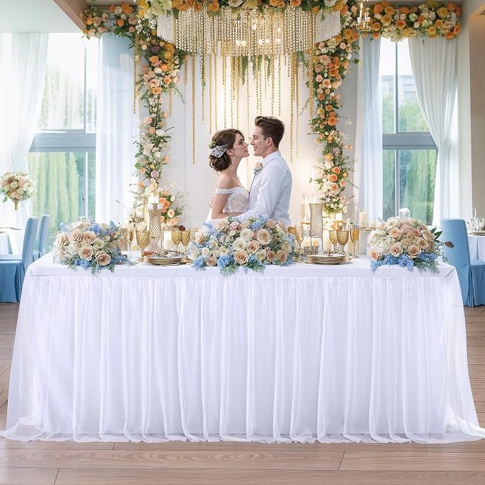 4 Pack White Table Cloth for 8 Foot Rectangle Tables, White Stretch Fitted Tulle Table Covers Skirt, Rectangular Ruffle Tutu Tablecloth Wedding Banquet Baby Shower Cake Tablecloths Decorations