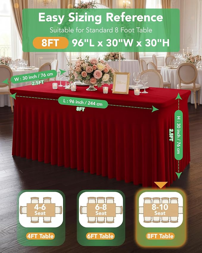 4 Pack Spandex Table Cover Skirts for 8ft Rectangle Tables, Red Stretch Table Cloths with Floor-Length Ruffle, Elastic Fitted Skirted Tablecloth for Elegant Wedding Banquet Party Buffet Decoration