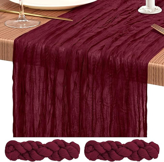 2 Pack Cheesecloth Table Runner 10FT Burgundy Red Table Runner Boho Gauze Cheese Cloth Table Runners Long Rustic Sheer Table Decorations for Wedding Party Baby Bridal Shower Birthday Holiday Home