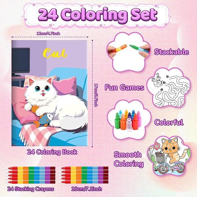 BenLouis 24 Cat Mini Coloring Books Kids with 24 Stacking Crayons Cute Kitten Small Party Favors Activity Books Bulk for Kids Pet Goodie Bag Gift Stuffer Classroom Reward