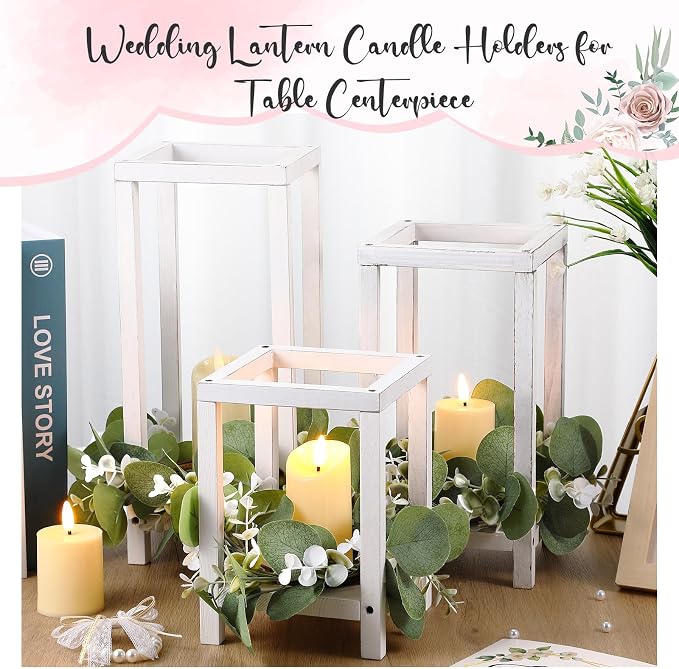 Sliner 24 Pcs Wedding Lantern Centerpiece Set Include 12 Rustic Wooden Candle Lantern 12 Flameless LED Candle for Wedding Party Baby Shower Table Fireplace Farmhouse Home Decoration (White)