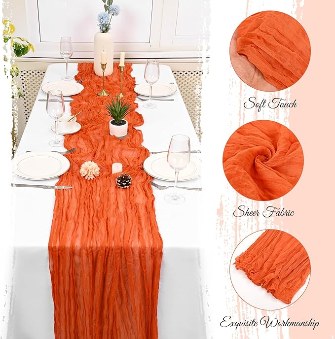 10 Pack Orange Cheesecloth Table Runner 17x108 Inch Semi Sheer Boho Gauze Cheese Cloth Table Runners, for Wedding Bridal Shower Birthday Party Home Decor Garden Farmhouse