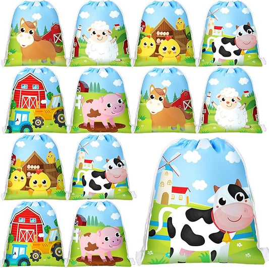 Coume Adopt a Farm Animal Party Favor Farm Drawstring Bags 10 x 12 Inch Cow Chicken Sheep Horse Pig Bag for Kids Girls Boys Spring Summer Party Favor