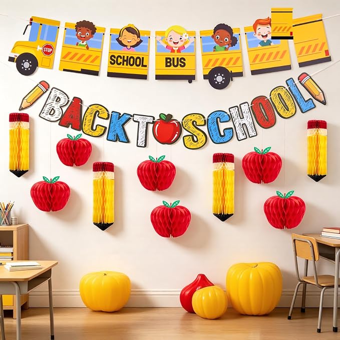 Back to School Decoration School Bus Party Banner Apple Pencil Hanging Honeycomb Welcome Back to School Classroom Kindergarten Teacher Appreciation First Day of School Bulletin Board Supplies