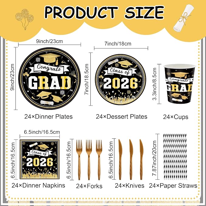 2026 Graduation Party Supplies 168PCS Black Gold Graduation Tableware Set Serves 24 Guests, Disposable Plates Cups Napkins Cutlery for Graduation Deco