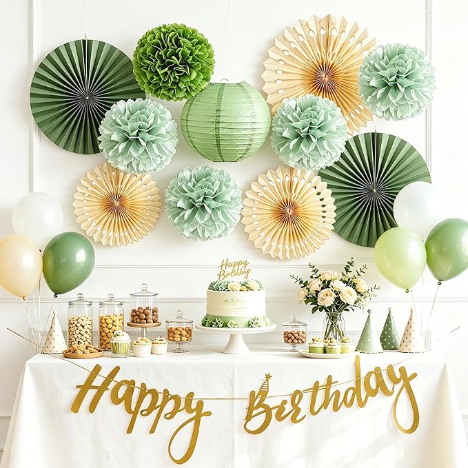 SUNBEAUTY Sage Green Birthday Decorations for Women Green Tissue Pom Poms Paper Lanterns Party Decorations Happy Birthday Banner Sage Green Paper Fans for Spring Garden Party Wedding Bridal Shower