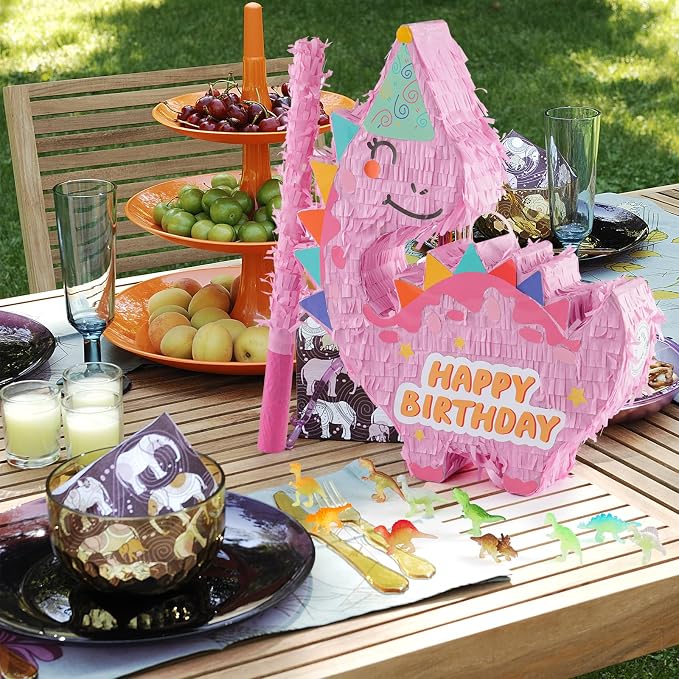 VinTS Pink Dinosaur Piñata Kids Dino Piñata with Blindfold Bat for Dinosaur Themed Party Game Girls Birthday Party School Activitives Dinosaur Birthday Decor(16.5x13x3.15in)