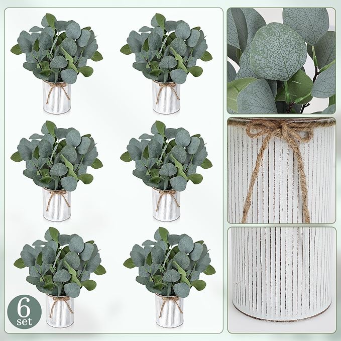 Eucalyptus Table Centerpieces - Set of 6 Artificial Greenery Plants with Farmhouse Metal Vase for Home Kitchen Decorations