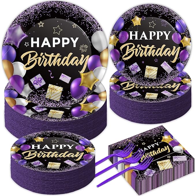 gisgfim 50 Guests Purple Birthday Party Supplies Purple and Black Plates and Napkins Forks Happy Birthday Tableware Paper Plates for Women Girl Party 200PCS