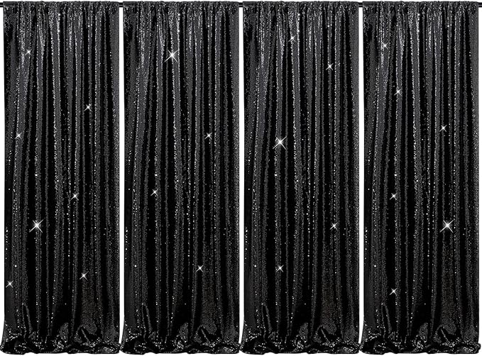 B-COOL Black Sequin Curtains Drapes 4 Panels Glitter Party Curtains 2FTx8FT for New Years Gothic Themed Party Birthday Stage Holiday Decorations