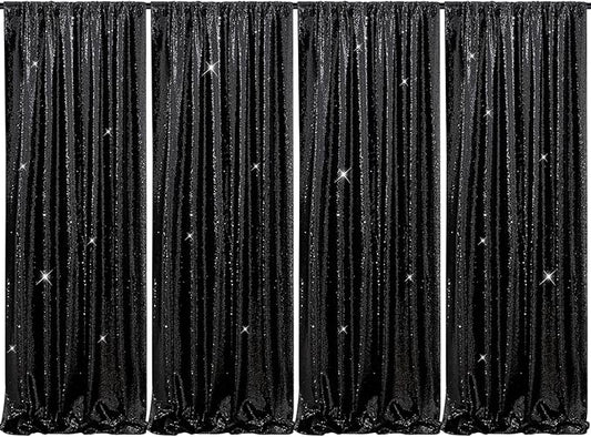 B-COOL Black Sequin Curtains Drapes 4 Panels Glitter Party Curtains 2FTx8FT for New Years Gothic Themed Party Birthday Stage Holiday Decorations
