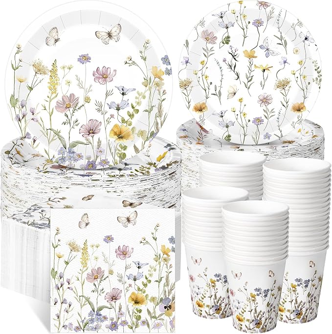 Ziliny 250 Pcs Wildflower Party Decorations Include Spring Summer Floral Paper Plates Napkins and Cups for Wildflower Baby Shower Tea Decorations, Serve 50 Guest(Light Color,Elegant Style)