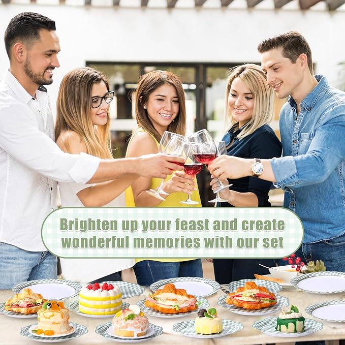 Funnymoom 250 Pcs Sage Green Gingham Paper Plates and Napkins Party Supplies Green and White Checkered Disposable Plaid Tableware Set for Wedding Bridal Shower Farmer Market Picnic Party Decorations