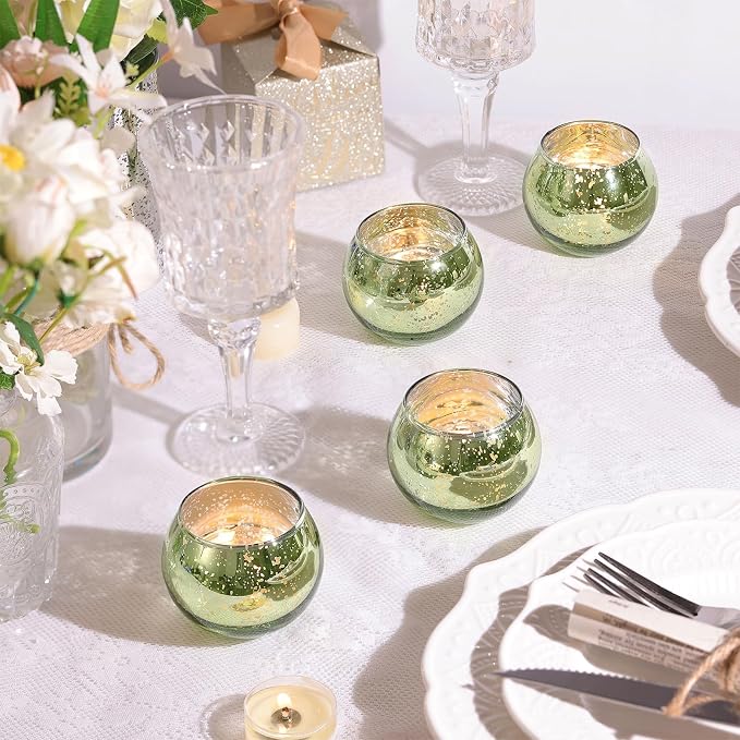 12 Pcs Green Candle Holder for Wedding Decor- Sage Green Mercury Glass Votives for Bridal Shower, Tea Party Table Centerpieces, Vintage Rustic Wedding