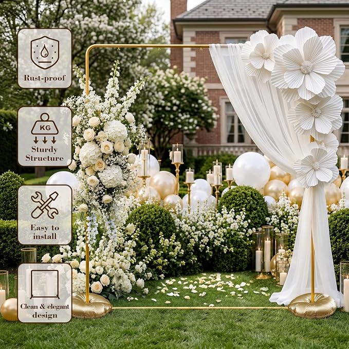 GOJIAWAY 7.2ft Gold Square Backdrop Stand, Metal Frame,2 Water Bags Base | Adjustable Height 4–7.2ft, Rust-Resistant, Quick Snap Assembly, Stability, for Wedding, Photo, birthday party, balloon arch
