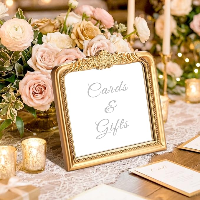Bucherry Elegant Wedding Cards & Gifts Sign Rustic Resin Photo Frame Mirror with Stand Vintage Reception Decoration for Wedding Bridal Shower Engagement 7.3" x 7.5"
