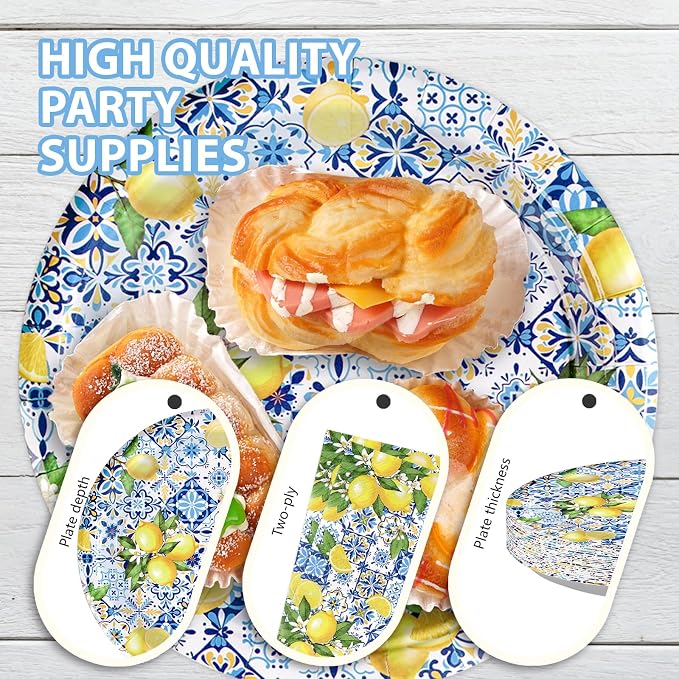 72Pcs Capri Lemon Party Decorations Blue Tiles Yellow Lemon Plates and Napkins Amalfi Coast Party Decorations for Summer Capri Lemon Coast Birthday Bridal Shower Party Supplies Serves 24