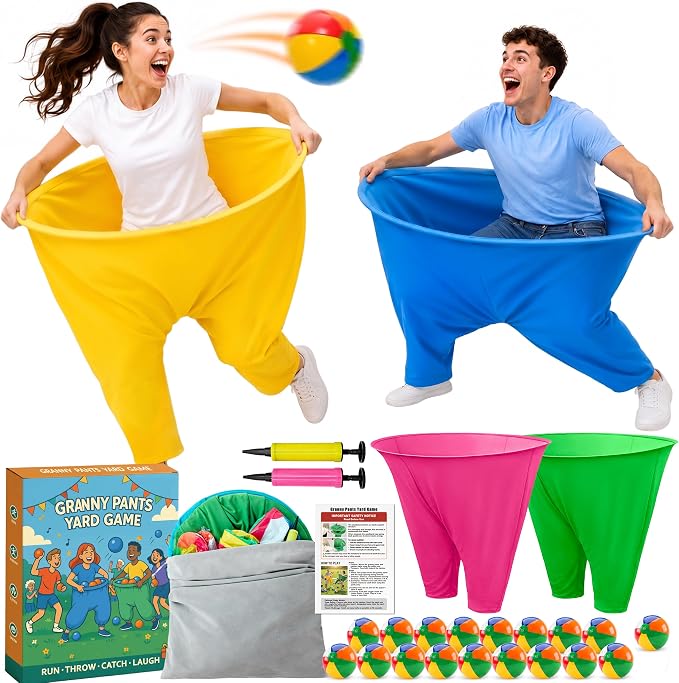 Granny Pants Yard Game for Adults and Kids, Big Pants Ball Catch Game with 2 Giant Pants, Balls, Pumps & Storage Bag, Outdoor Tossing Games for Birthday Party, Backyard Party, Family Reunion