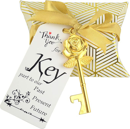 Makhry 50 Set Skeleton Rose Key Bottle Openers with Candy Box In Antique Vintage Style Escort Tags French Ribbon As A Gift Souvenir At Wedding Party Supplies (Antique Gold)