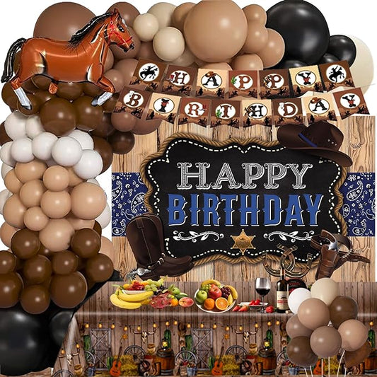 Western Cowboy Birthday Party Decoration - 164pcs Wild West Balloons Arch Garland Kit Western Party Tablecloth Backdrop Banner for Baby Shower Birthday Farm Western Cowboy