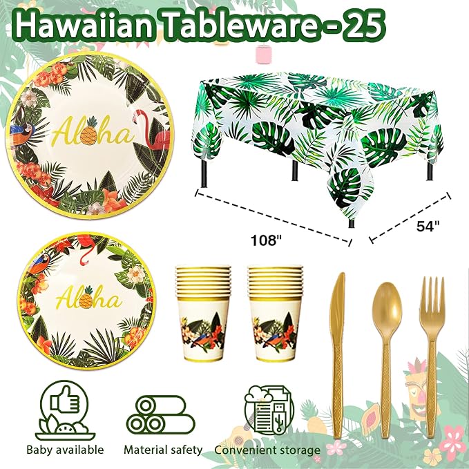 UJOYANT 323 Luau Party Decorations, Hawaiian Party Decorations Kit For Adults - "ALOHA"&"HAPPY BIRTHDAY" Banner, Balloons, Cake Topper, Straws, Table Skirt, Dinnerware Set For 25 Guests