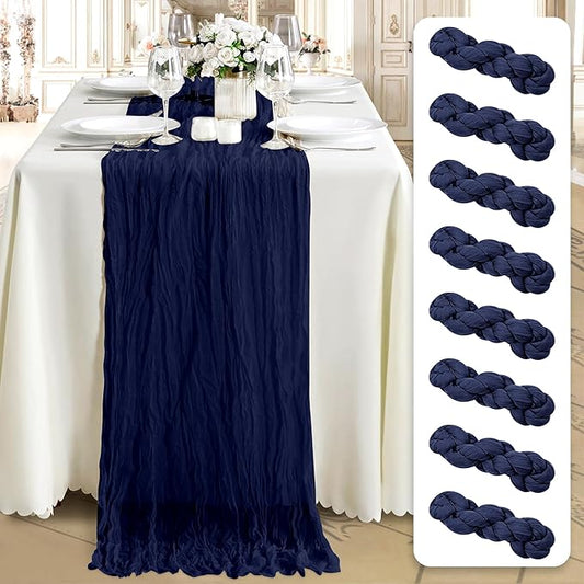 Cheesecloth Table Runner 8 Pack – 35x120 Inch (10ft) Boho Rustic Gauze Cloth Runners – Crinkle Polyester Table Decor for Wedding, Baby Shower, Bridal Shower, Birthday Party and More (Navy Blue)