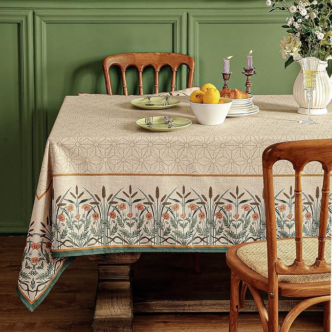 patdrea Vintage French Linen Tablecloth,Rectangular,79"x55"-Cudillero | Elegant Floral Table Cloth for Rectangle Table,Natural Beige Block Print,for Dining Room Tea Party Thanksgiving