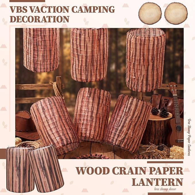 Zhengmy 12 Pack Paper Lanterns Woodland Hanging Paper Lantern Decorations Grain Foldable Party Decor for Camping Theme Baby Shower Birthday Wedding Classroom (Wood Stump)
