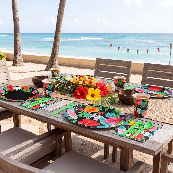 Pajean 350 Pcs Hawaiian Luau Party Supplies 12 in Disposable Tropical Aloha Oval Plates and Napkins Set Hibiscus Floral Heavy Duty Paper Tableware Set for 50 Guests Summer Pool Beach Party Decorations