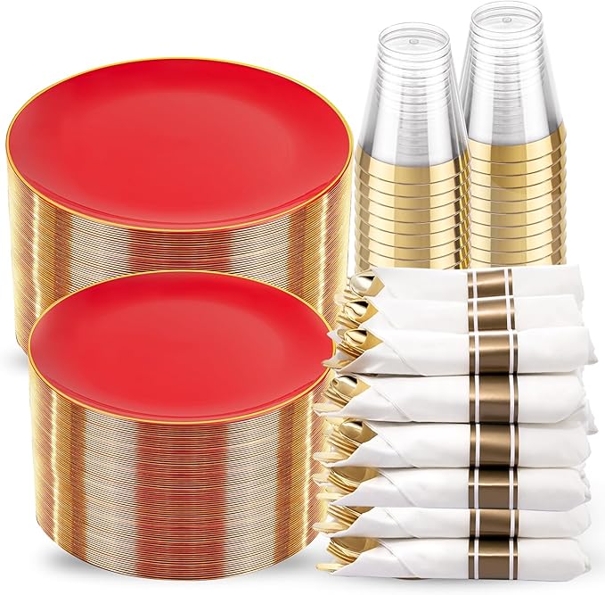KIRE 350PCS Red Plastic Plates - Heavy Duty Red Plates Disposable - 50Guest Plastic Dinnerware Include 50Dinner Plate,50Dessert Plate,50Pre Rolled Napkins with Silverware for Wedding&Mother's Day