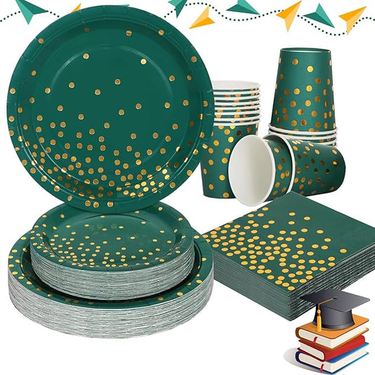 Green and Gold Party Decorations, 200Pcs Emerald Green Plates and Napkins Party Supplies, Birthday Plates for Fathers Day Graduation Decorations