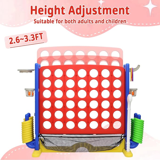 Giant 4-in-A Row Connect Game Set, Height Adjust Jumbo Yard Game for Kids & Adults w/Mesh Catching Bag, Basketball Hoop, Ring Toss & Mini Golf, Family Party 4-to-Score Indoor/Outdoor Games