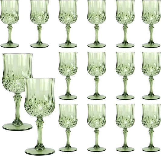 Plastic Wine Glasses, 10OZ Reusable Goblets Vintage Style Cordial Unbreakable Drinking Glasses for Wedding Reception, Grand Event Party Supplies (16, Sage Green)
