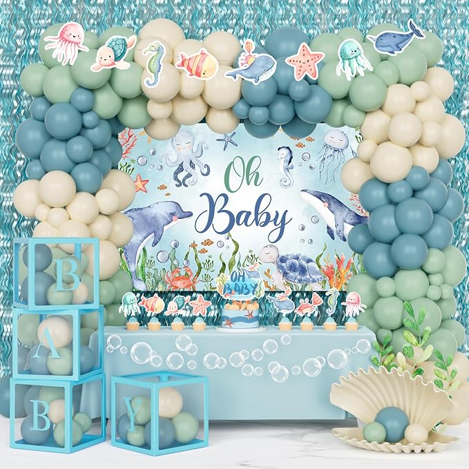Under The Sea Baby Shower Decorations – 121Pcs Ocean Theme Party Supplies with Underwater Party Decor Backdrop, Blue Green Balloon Garland, Banner, Fringe Curtain, Boxes