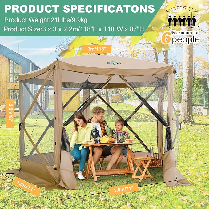 COBIZI 10x10 FT Pop up Gazebo, Popup Canopy Tent,Instant Screened in Gazebos, Waterproof Portable Outdoor Small Screen Tents Sun Shelter,carpas para Patio for Camping, Garden and Backyard,Khaki
