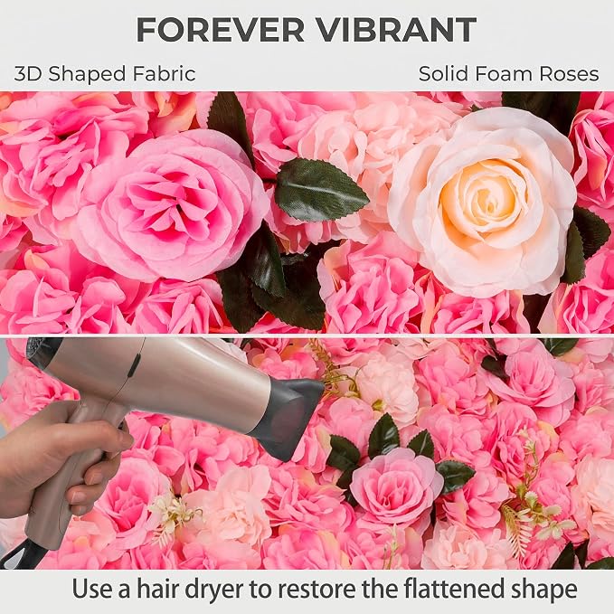 3D Flower Wall Backdrop 6 Pack, 24x16 Inch Deep Pink Artificial Rose Panels for Wedding, Party, Photo Studio, Home & Fence Decor
