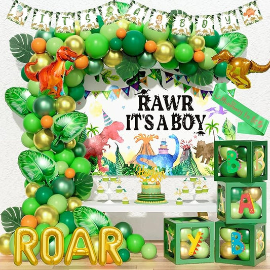 Hombae Dinosaur Baby Shower Decorations for Boy, Dino Themed Baby Shower Decorations, Rawr It’s a Boy Party Supplies Backdrop Balloon Banner Box Cake Cupcake Topper Mummy To Be Sash Green Gold
