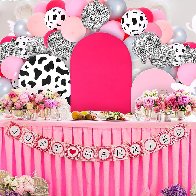 Foilswirl 34 Pieces Disco Cowgirl Party Decorations Cowgirl Arch Covers 4ft 5ft 6ft Pink Spandex Backdrop Covers Hot Pink Silver Balloon Disco Foil Balloons for Birthday Bachelorette Wedding Party
