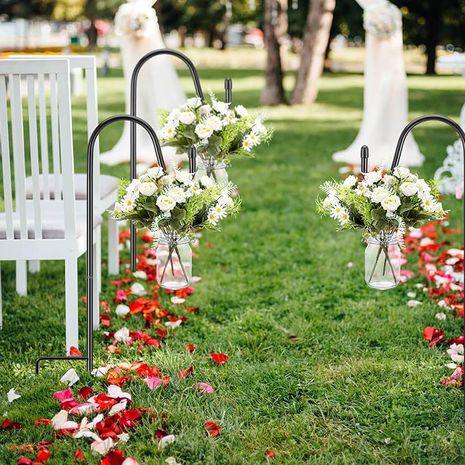 Thiccywoov 8 Sets Wedding Aisle Decoration Include 16 oz Rose Daisy Hanging Mason Jar 32 Shepherds Hooks Rustic Mason Jar with Faux Rose and Daisy for Outdoor Wedding Isle Ceremony Decorations
